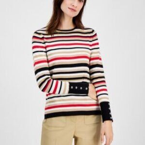 Anne Klein Women Boat-Neck Sweater Coffee/Cream Striped PullOver Sweater XXS NWT